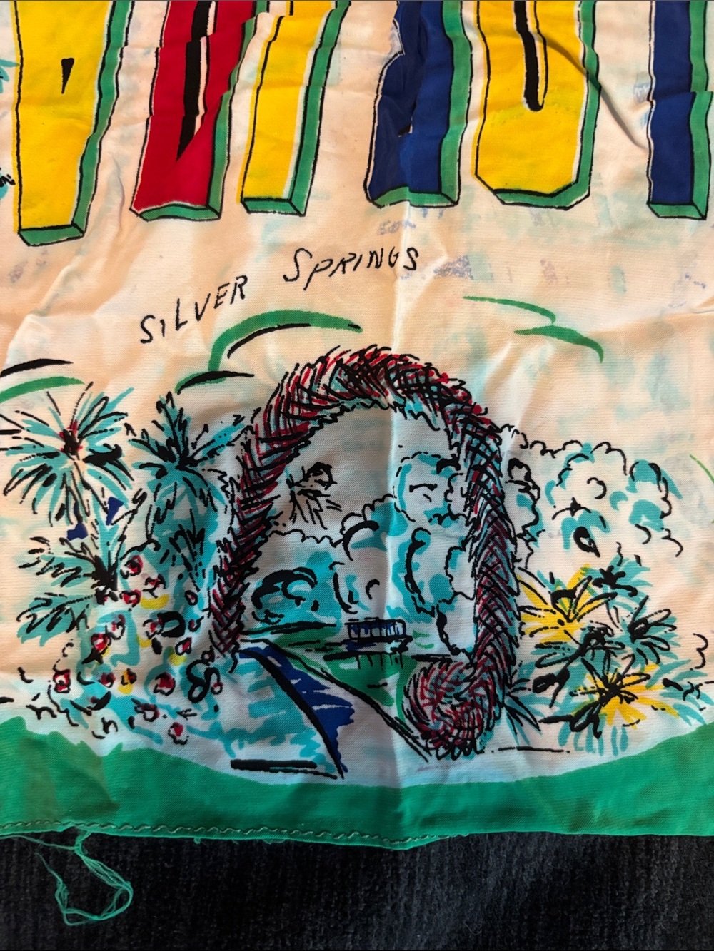 Vintage Delta Air Lines Florida Print Green Border Silk Scarf - Picture 14 of 17